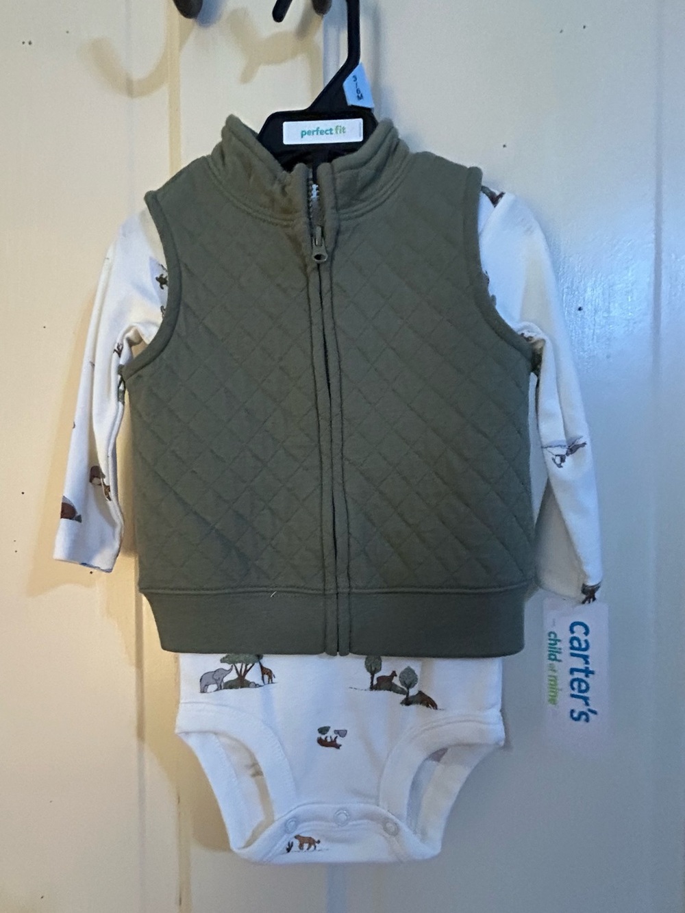 Carter's Olive Quilted Vest with White Fox-Print Bodysuit